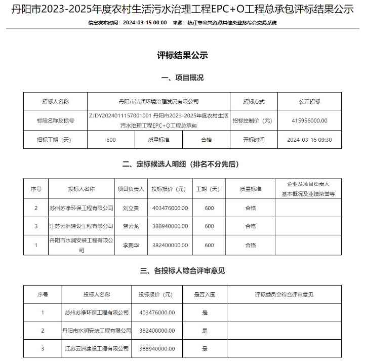 丹阳市2023-2025农村污水治理EPC+O中标企业公示