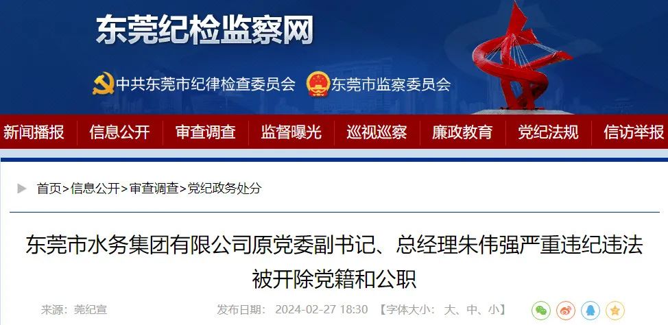 东莞市水务集团原总经理朱伟强被双开｜违纪违法全攻略