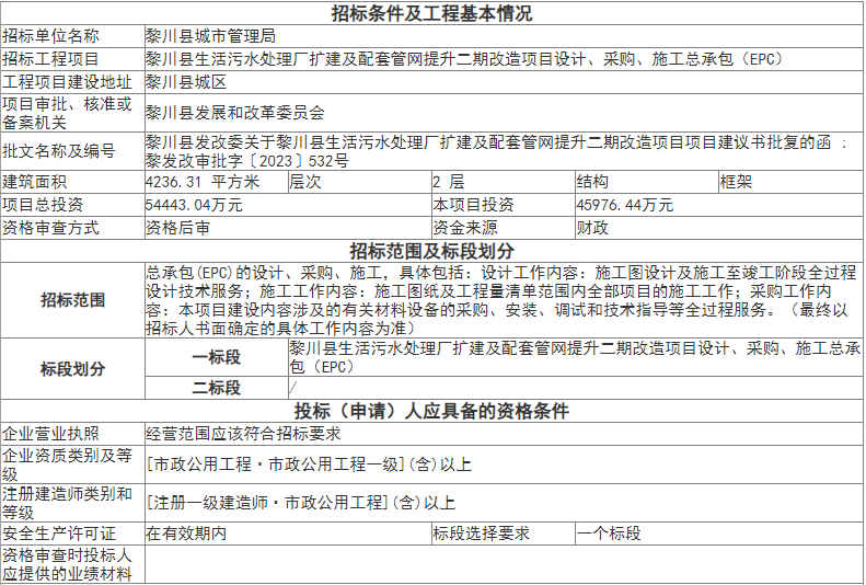 4.5亿！江西黎川县生活污水处理厂扩建及配套管网提升二期改造项目设计、采购、施工总承包（EPC）招标！(图2)
